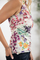 details on Mac and Me Printed Mesh Scalloped Edge Top in White Floral — fitted sleeveless mesh top with side ruching and scalloped hem on model