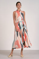  front view of collared prism print midi dress with elastic waist and lightweight cotton blend fabric