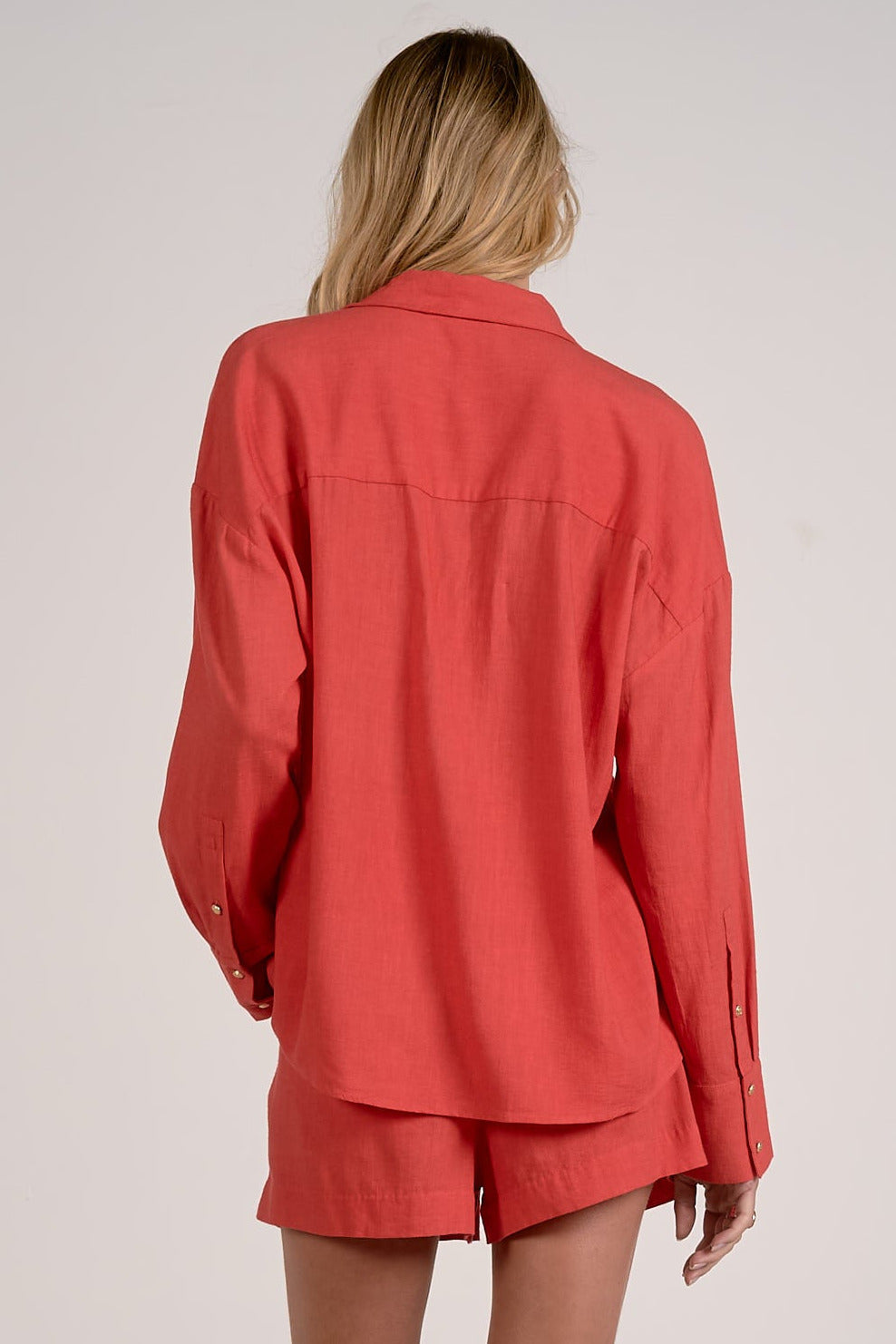 back view of red collared shirt women long sleeve casual chic outfit