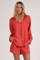 red button down shirt women relaxed fit collared blouse gold buttons
