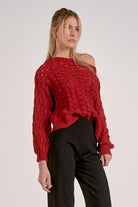 Red open stitch knit sweater with textured lightweight knit