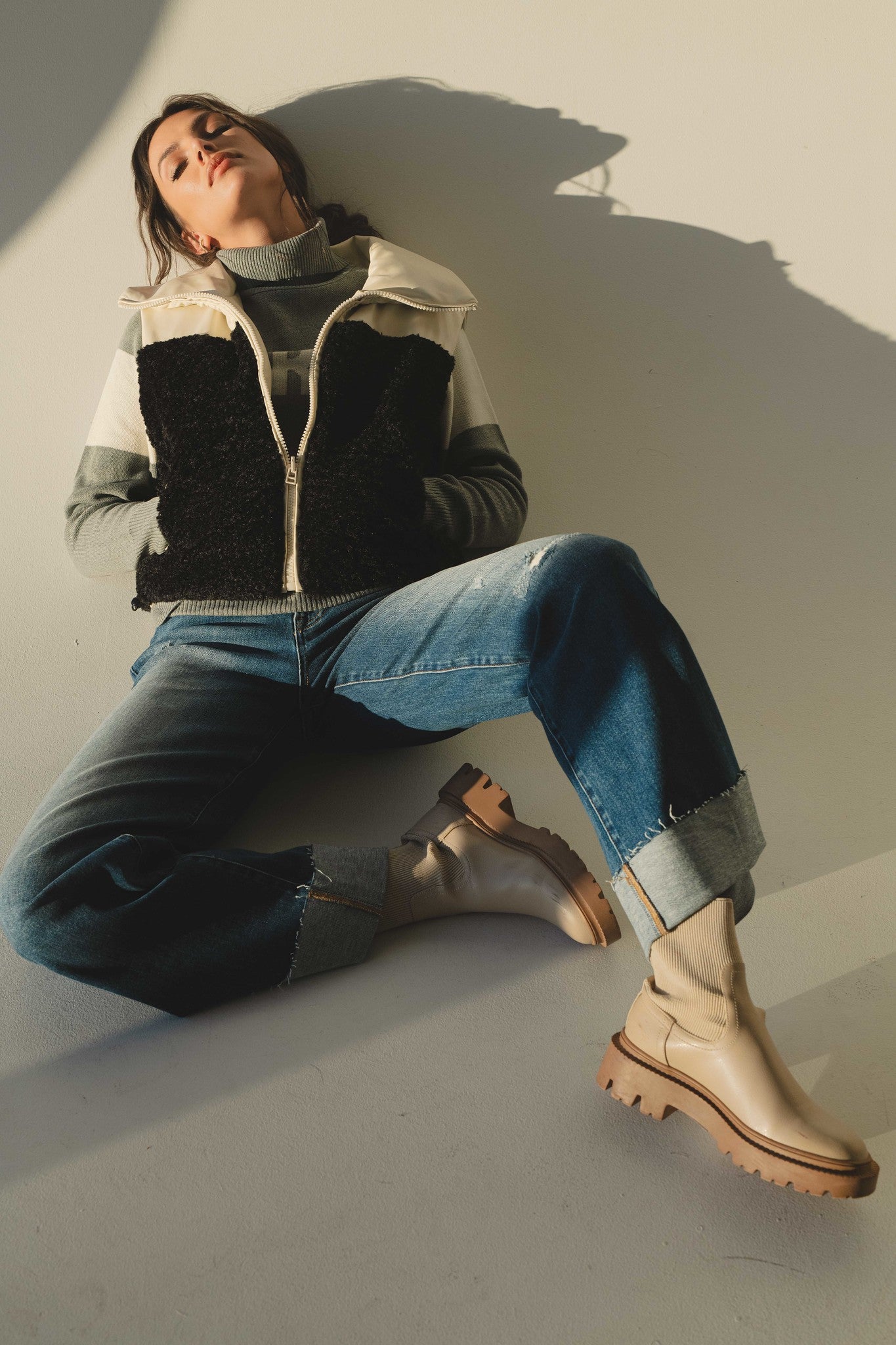 Cream and Black reversible vest and cuff jeans