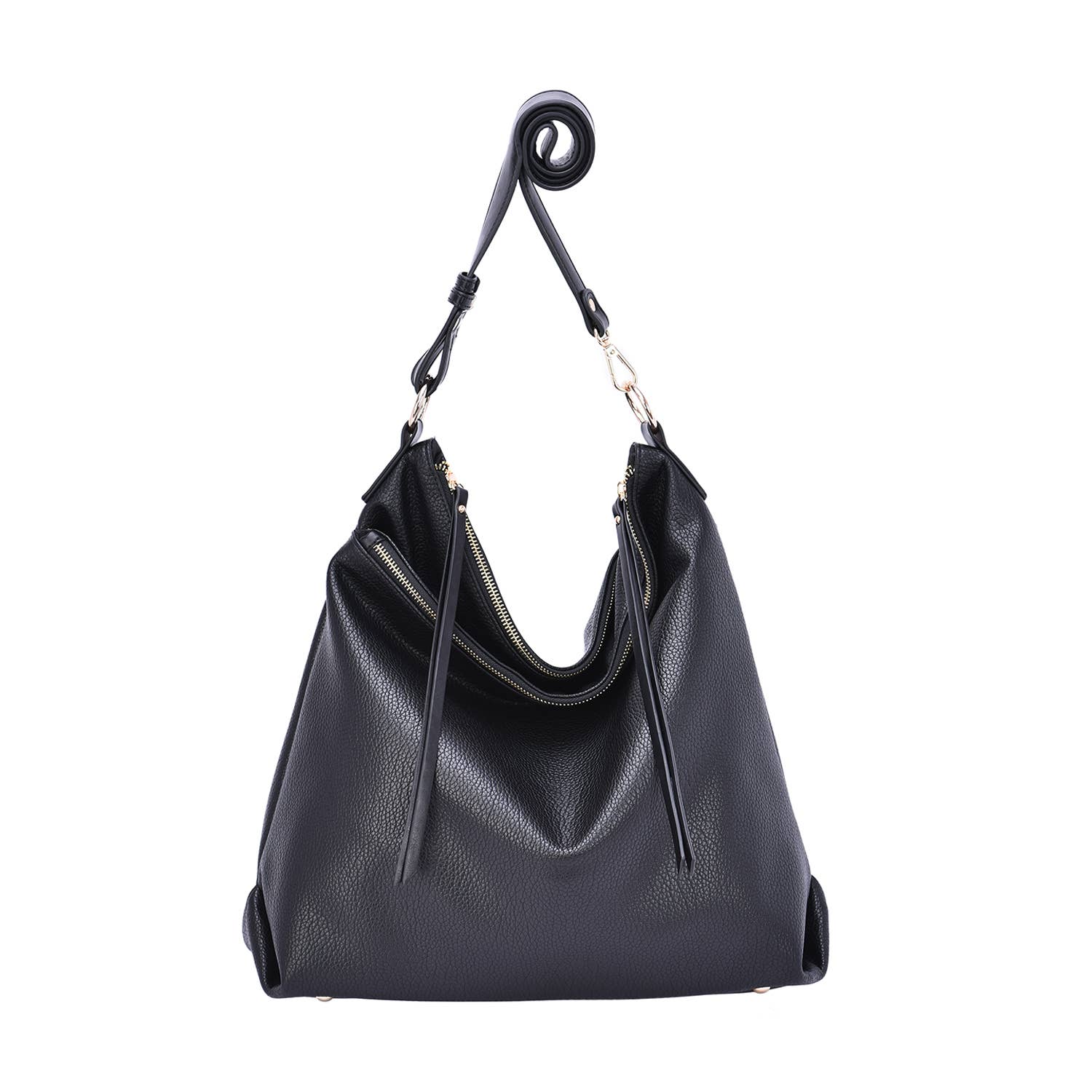 Women’s black hobo shoulder bag in vegan leather with zipper closure and organizational pockets