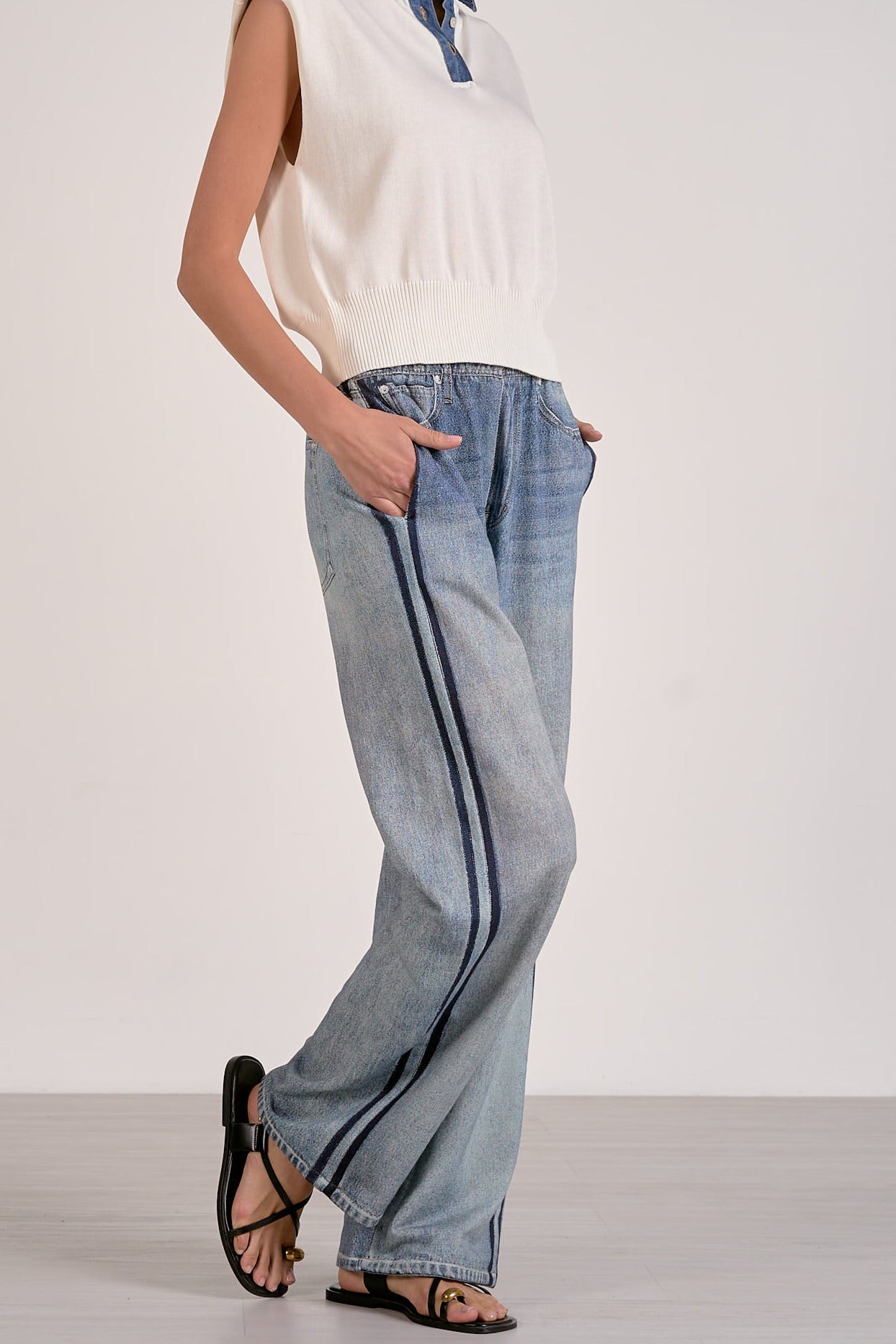 relaxed denim pant with side stripe pull on elastic waist casual women pants