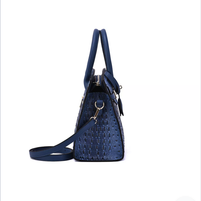 dept of Virginia ostrich-embossed vegan leather satchel in navy with croc texture and structured top-handle design