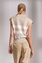 back of sleeveless striped collared sweater in beige and ivory