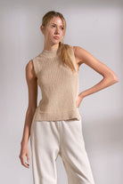 front of sand sleeveless knit sweater with textured design