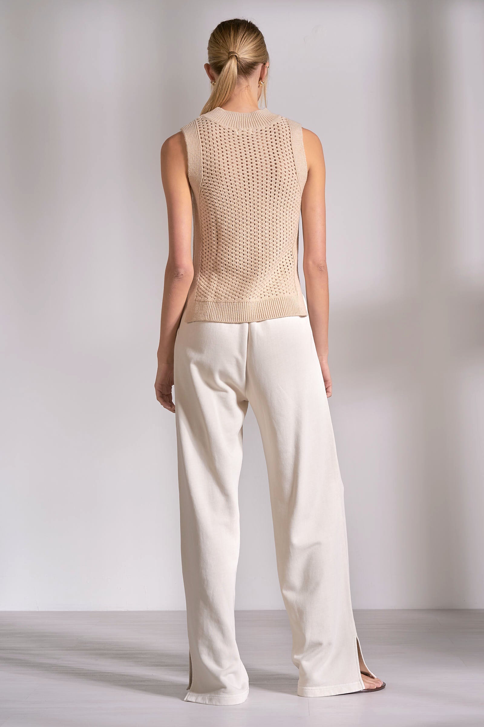 sand sleeveless knit sweater with textured design back view