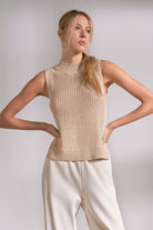 sand sleeveless knit sweater with textured design front view