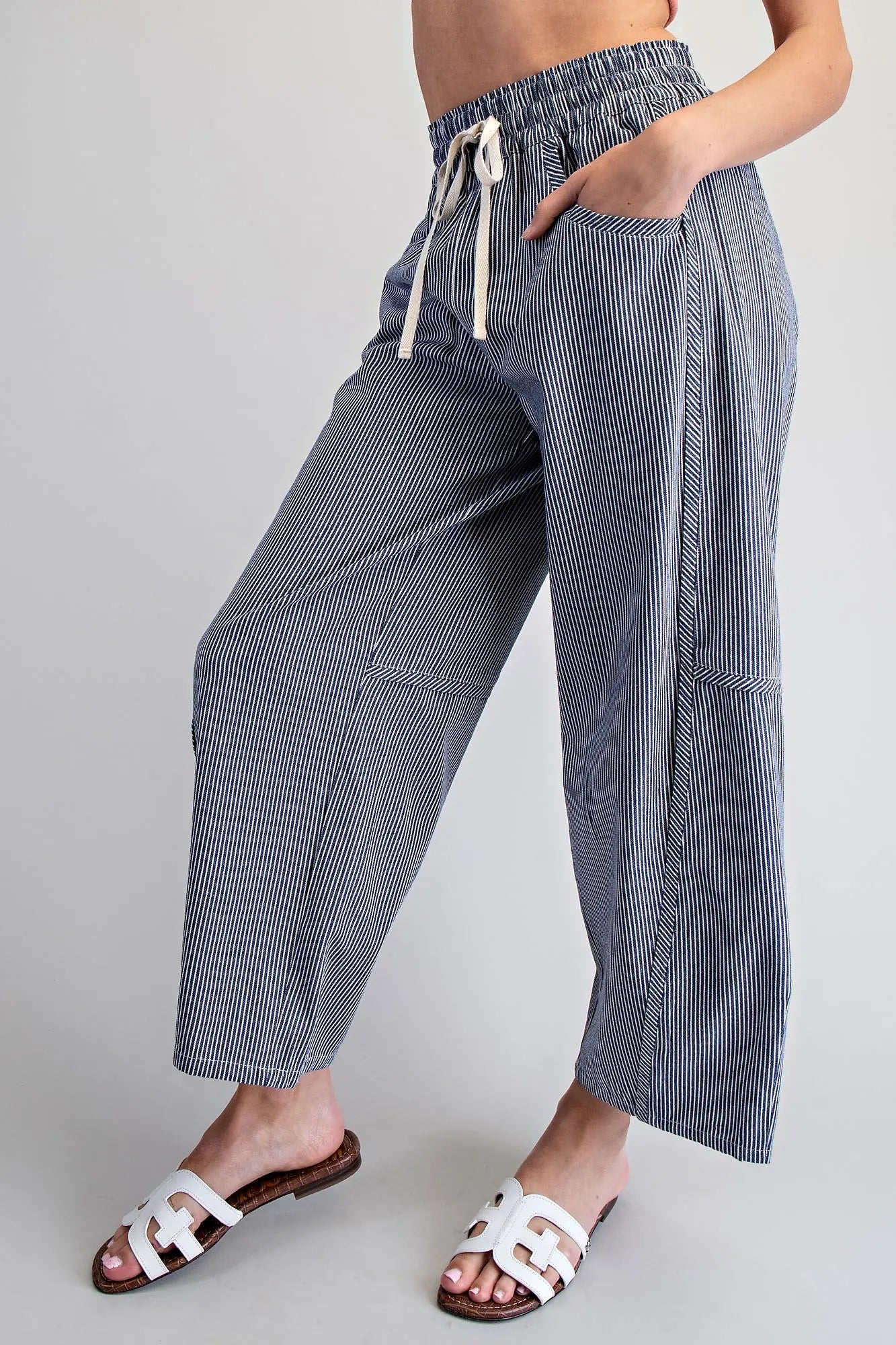 Navy striped relaxed fit wide leg pants for women side view