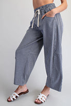 Navy striped relaxed fit wide leg pants for women side view