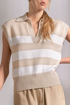 showing the closeup details on beige and white striped sleeveless collared sweater