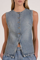 close details of the washed denim button front vest with tailored seam detailing
