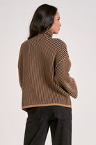 back view relaxed fit striped mock neck sweater tan and black