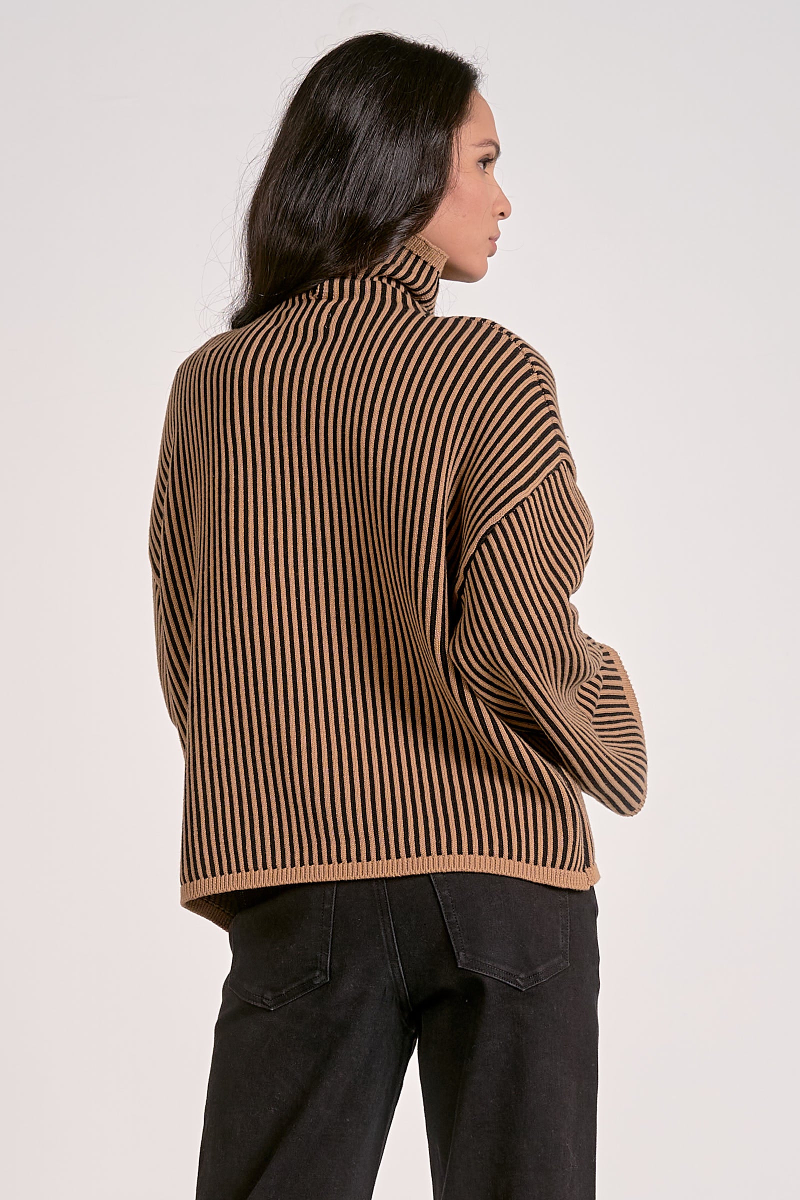 back view relaxed fit striped mock neck sweater tan and black