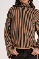 front view details on relaxed fit striped mock neck sweater tan and black