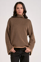 front view relaxed fit striped mock neck sweater tan and black