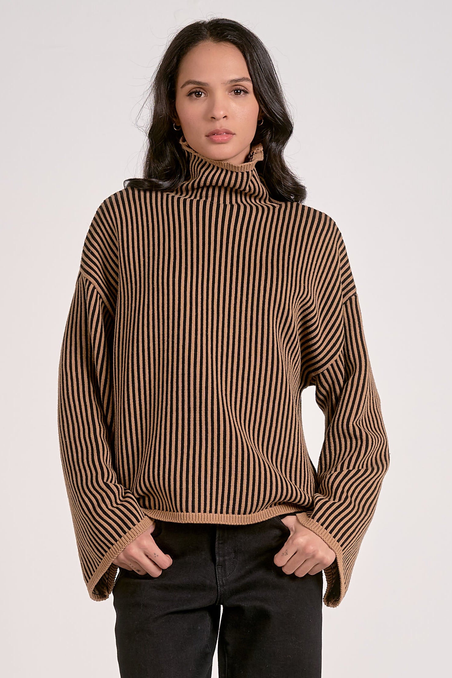 front view relaxed fit striped mock neck sweater tan and black