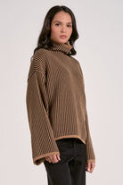 side view relaxed fit striped mock neck sweater tan and black