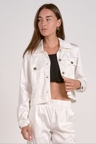 Front view of cropped Tencel button-down jacket worn as a shirt