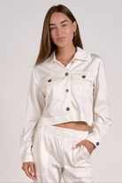 Tencel cropped button-front jacket styled as a lightweight top from Mainstream Boutique Bloomington