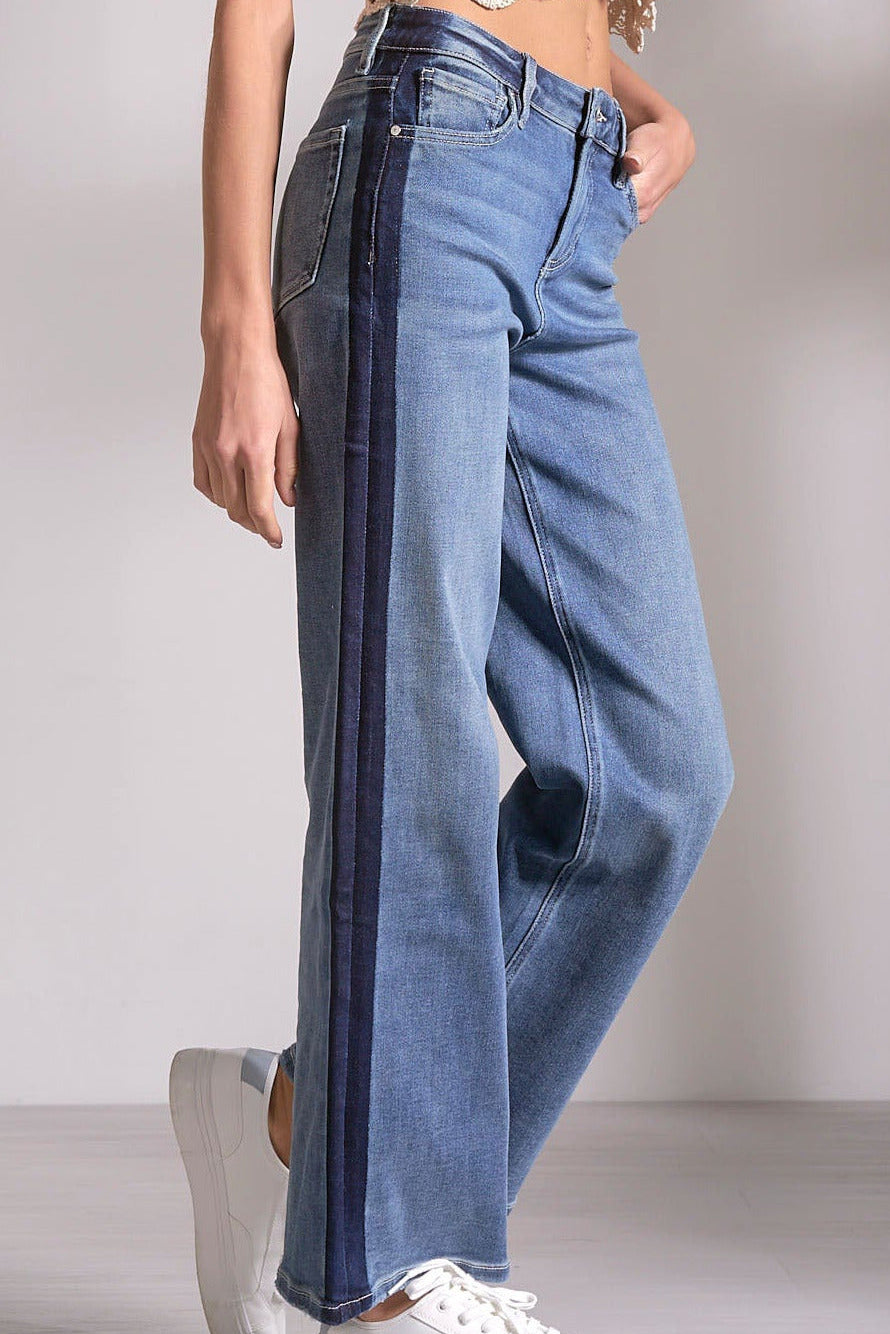 close up photo of varsity stripe denim showing the details