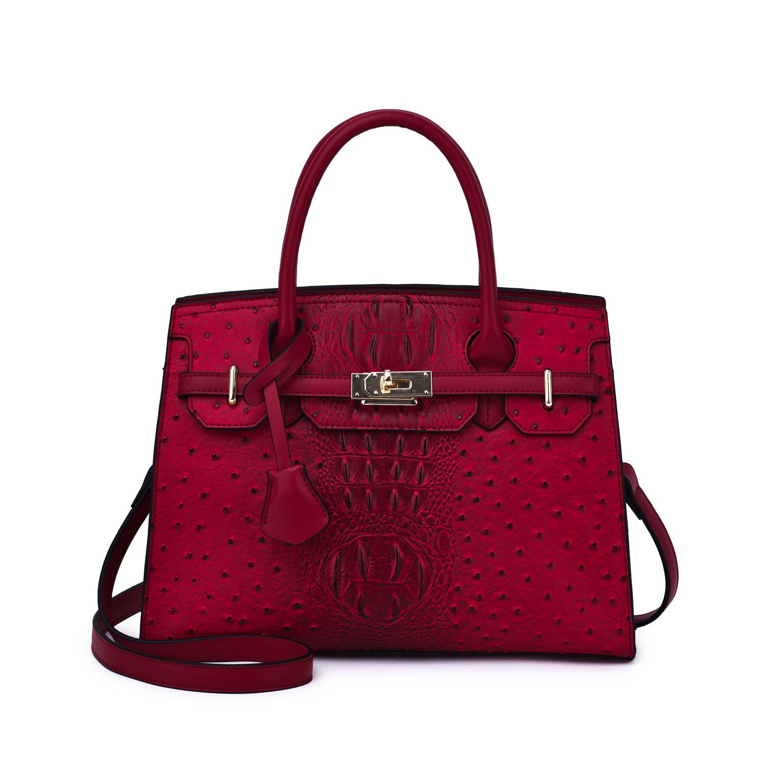 Virginia ostrich-embossed vegan leather satchel in maroon with embossed texture and top handle