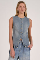 Washed denim button front vest with tailored seam detailing