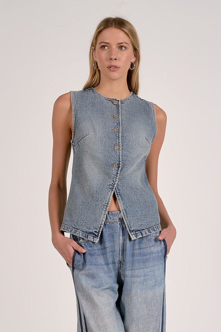 Washed denim button front vest with tailored seam detailing