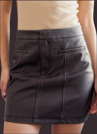 Front view of Washed Vegan Leather Skirt with panel detail and pockets