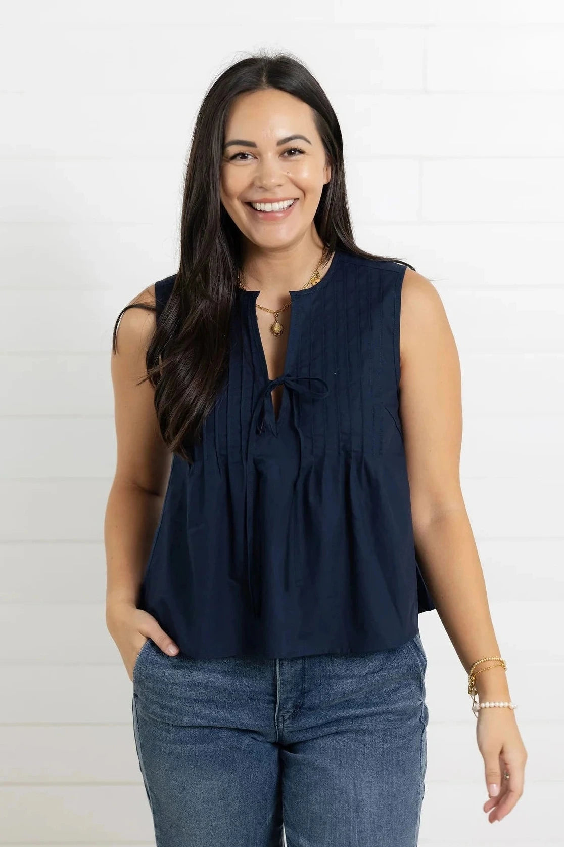 Mac and Me navy woven sleeveless top with pleated detail